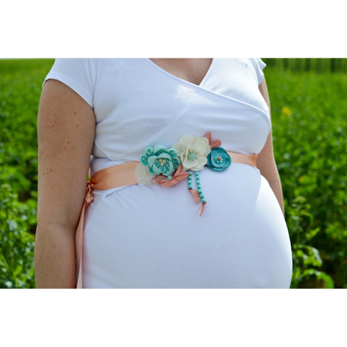 Ceinture de fleurs en tissus et perles sur ruban, écru, pêche et bleu turquoise pour femme ou petite fille