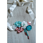 Ceinture de fleurs en tissus et perles sur ruban, écru, pêche et bleu turquoise pour femme ou petite fille