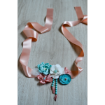 Ceinture de fleurs en tissus et perles sur ruban, écru, pêche et bleu turquoise pour femme ou petite fille
