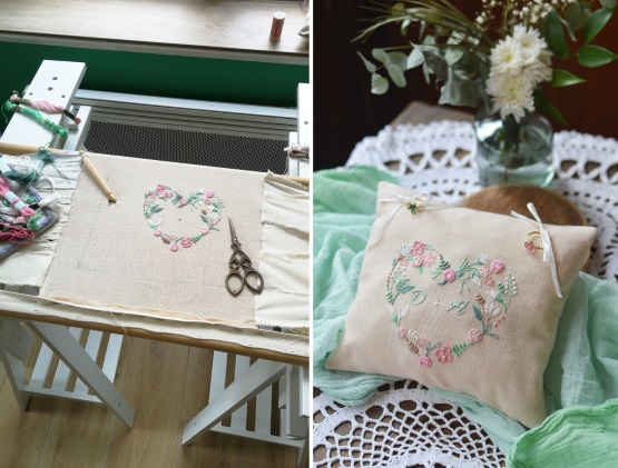Coussin d’alliances en lin, brodé de fleurs et personnalisable
