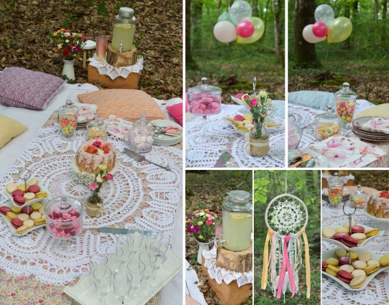 Scénographie goûter pique-nique thème floral bohème pour EVJV
