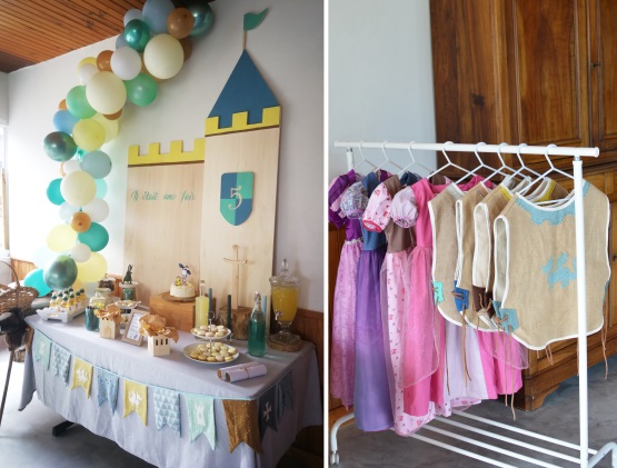 Fête anniversaire enfant, décoration, costume et sweet table thème Chevalier, dragon et princesse