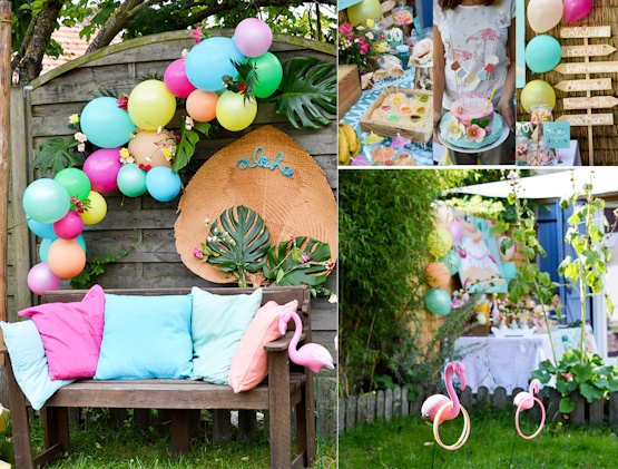 Fête anniversaire enfant, décoration, jeux et sweet table thème tropical flamand rose Vaiana