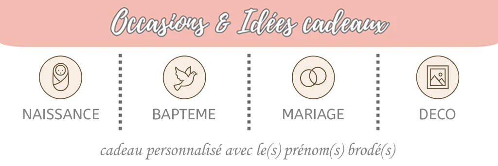 Idées de cadeaux personnalisés avec un prénom brodé : naissance, baptême, mariage, déco