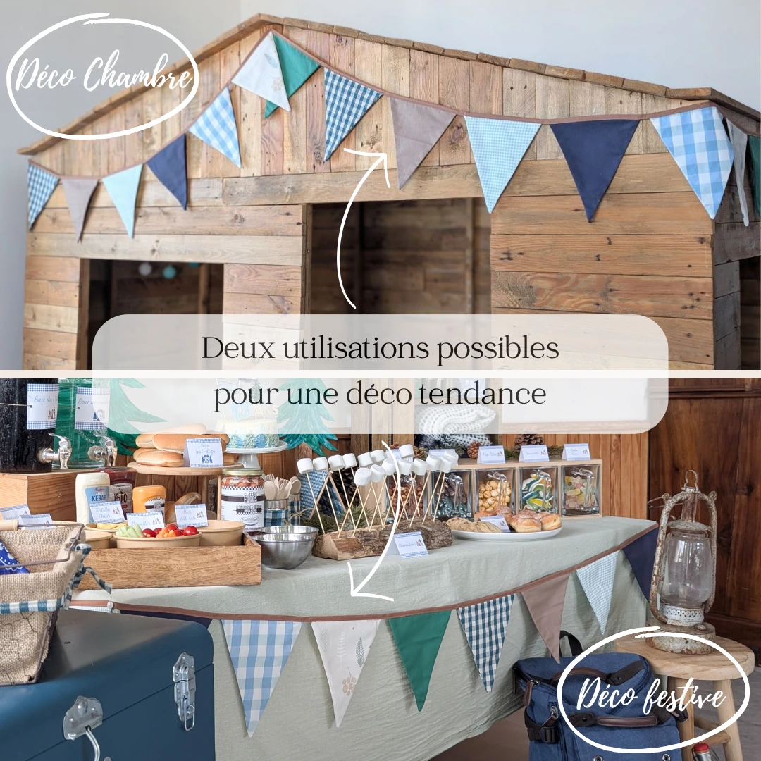 Guirlande de fanions en tissu dans des tons bleus, verts et beiges, utilisée de deux façons : accrochée sur une cabane en bois pour une décoration de chambre, et sur une table de buffet décorée pour une ambiance festive.