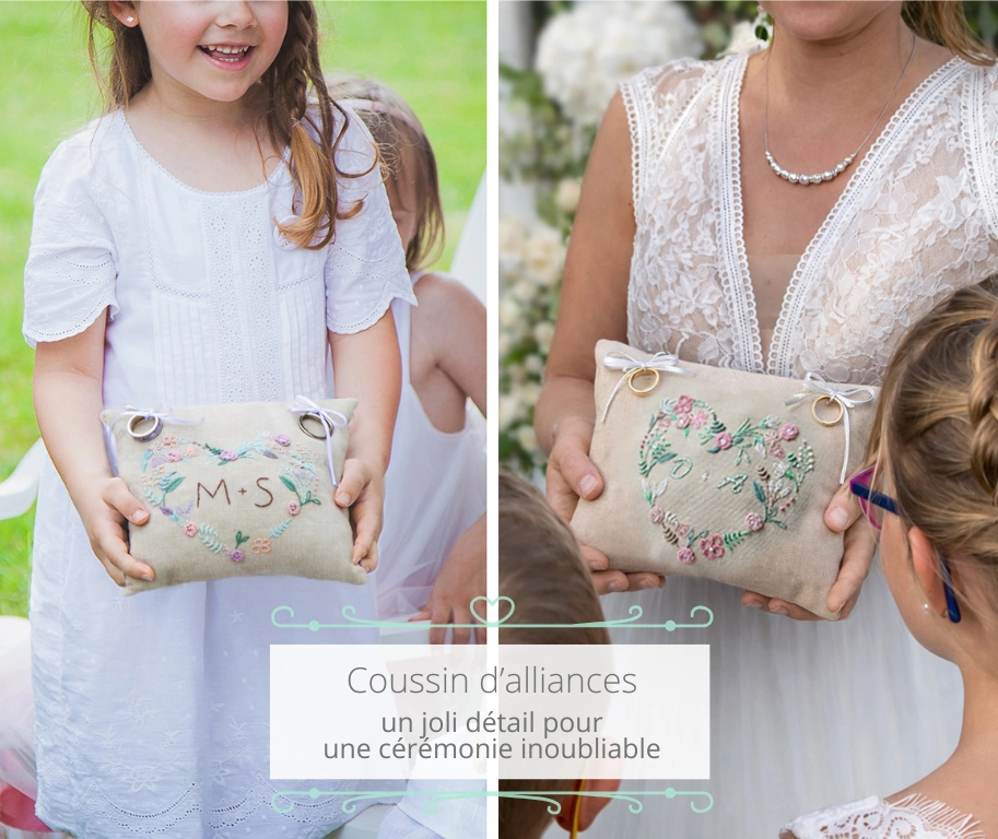 Coussin d’alliances personnalisé brodé à la main avec initiales et couronne florale, porté par des enfants d’honneur ou la mariée lors de mariages champêtres, accessoire de cérémonie élégant et artisanal.