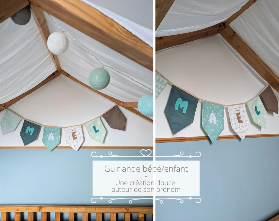 Guirlande de fanions personnalisée avec le prénom Maël, en tissu cousu main aux tons vert et beige, décorant une chambre de bébé au style doux et scandinave, idéale comme décoration murale enfant ou cadeau de naissance personnalisé.