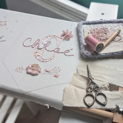 Carrousel_CreationsMains_01 Broderie personnalisée prénom pour décoration de chambre de bébé, création artisanale en cours de réalisation avec fils et ciseaux.