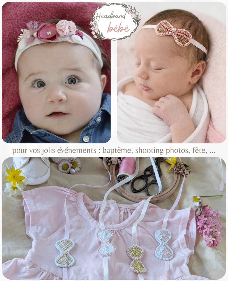 Headbands bébé fille faits main, bandeaux et accessoires cheveux délicats pour baptême, naissance et séance photo