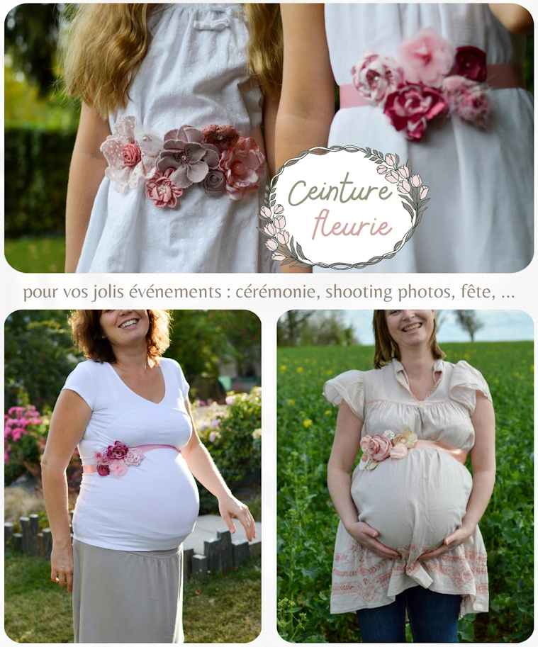 Ceinture fleurie de cérémonie en tissu, portée par une enfant et une femme enceinte, idéale pour mariage, shooting photo et événements.