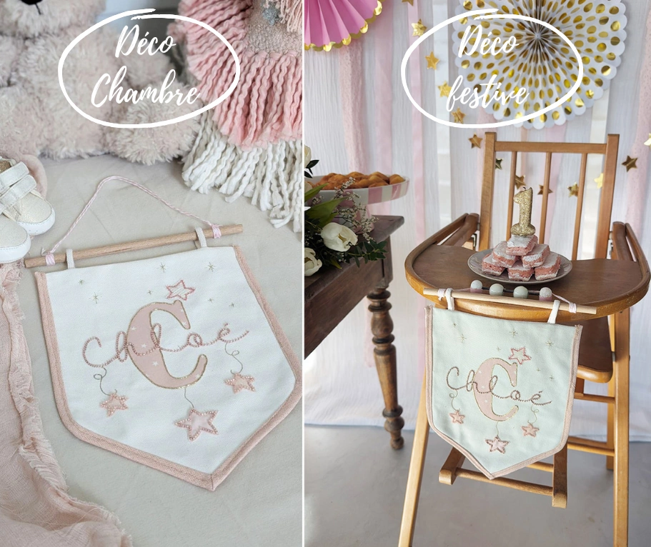 Décoration personnalisée pour chambre de bébé et fête d’anniversaire, fanion avec prénom Chloé brodé, aux tons rose poudré et blanc.