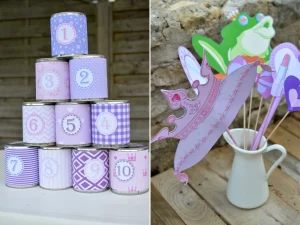 Jeux (chamboule-tout et accessoires de photobooth) pour fêtes d'enfants
