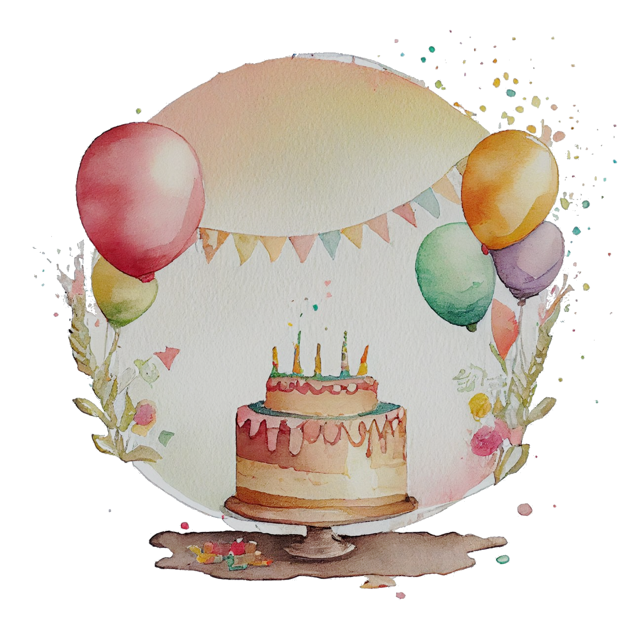 Illustration aquarelle gâteau d’anniversaire avec ballons et guirlande, décoration festive pour anniversaire enfant.